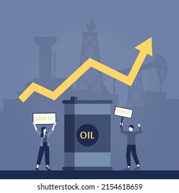 The oil price is rising concept. Barrels of crude oil or petroleum price growth, high demand in crisis. Energy or gasoline industry. Petroleum price diagram. Flat vector illustration