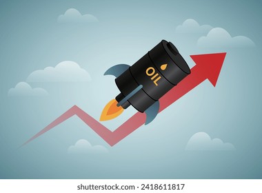 Oil price rising concept. Oil barrels like a rocket fly on a growth chart background. Investment market and trade arrows up.