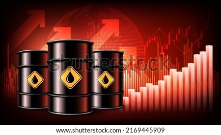 Oil price rising concept Oil barrels on a growth chart background. Investment market and trade arrows up, vector illustration