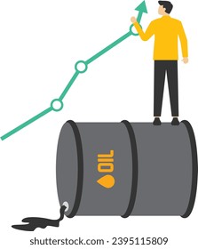 Oil price rising concept, Crude oil commodity price rising after crisis, high demand or energy or petrol industry concept, businessman trader standing on pile of gallons of oil composing chart.

