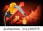 Oil price rising concept Gasoline yellow fuel pump nozzle isolated with drop oil on red growth bar chart background, vector illustration