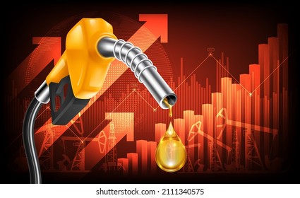 Oil price rising concept Gasoline yellow fuel pump nozzle isolated with drop oil on red growth bar chart background, vector illustration