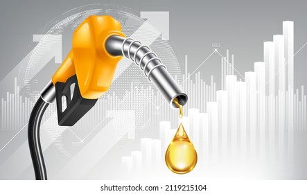 Oil price rising concept Gasoline yellow fuel pump nozzle isolated with drop oil on growth bar chart background, vector illustration - Shutterstock ID 2119215104