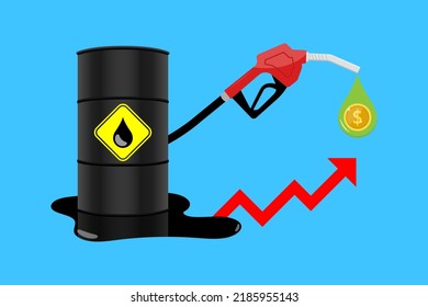 Oil price rising concept Gasoline yellow fuel pump nozzle isolated with drop oil on red growth bar chart background, vector illustration