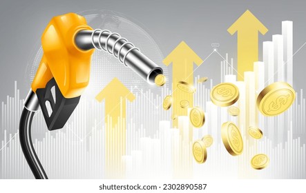 Concepto de aumento de los precios del petróleo Gasolina amarillo bomba de combustible boquilla succionar moneda en el fondo del gráfico de barras de crecimiento, ilustración vectorial	