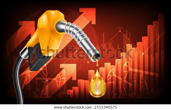 Oil price rising concept Gasoline yellow\
fuel pump nozzle isolated with drop oil on red growth bar chart\
background, vector\
illustration