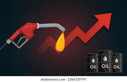 Oil Price Rising Price Hike Rise Increase Up. Fuel Pump Nozzle price cost revenue stock market increase. Oil Barrel Graph Upward Stock Market, World Economy, Inflation, Growth