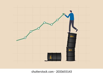 Oil price rising up, crude oil commodity price growth after crisis, high demand or energy or gasoline industry concept, businessman trader standing on stack of oil gallon drawing rising up graph.