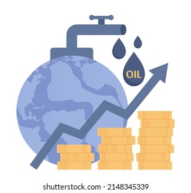 Oil price rising up. Crude oil commodity price growth, high demand in crisis. Energy or gasoline industry. Petroleum price diagram. Flat vector illustration