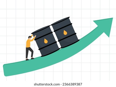 El precio del petróleo sube, el precio del crudo de los productos básicos crece después de la crisis, la alta demanda o la industria de la energía o la gasolina, el montón de galones de petróleo dibujando un gráfico en alza

