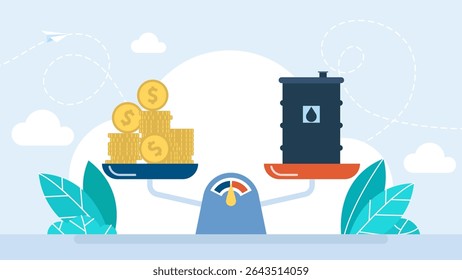 Oil price. Scales with oil barrel and gold, dollar coin. Concept of mineral oil industry pricing and costs. Weighing scales with oil barrels and money. Vector illustration