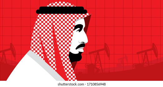 Oil Price. Serious Arab Businessman In National White Suit On The Background Of Oil Rigs. Side View. Portrait, Profile, Red Background. Arab World, Middle East, Oil Industry. Template.