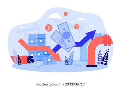 Oil prices chart vector illustration. Barrels and gas pipes under falling money. Countries reducing oil production, supporting prices. Oil industry, ecology, energy concept