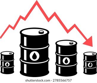 Oil Prices Drop Concept Vector Illustration, Falling Crude Oil Barrel Chart with Red Arrow Down