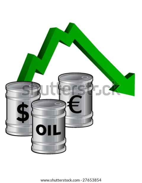Oil\
prices dropping - vector illustration of fuel barrels with currency\
icons and a down arrow signifying lowering\
price