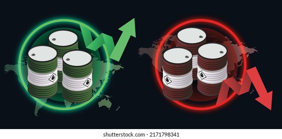 Die Ölpreise steigen ab. Rohe Ölfässer mit grünem rotem Graph nach oben. Konzept für Ölmarkt-Boom oder -Crash Handel zwischen Ölförderländern. Mineralölfässer mit Weltkarte.