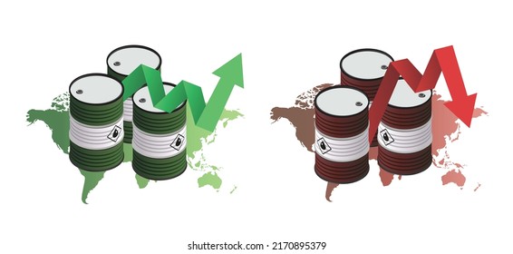 Oil Prices Increase Decrease. Oil Market Boom Or Crash Concept. Trade Among Oil Producing Countries. Crude Oil Barrels With Green Red Graph Arrow Going Up Down. Fuel Petroleum Drums With World Map.