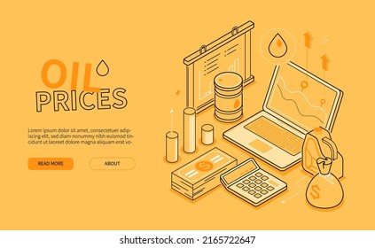 Oil prices - line design style isometric web banner on orange background with copy space for text. Illustration with banknotes, dollar sign, coins, money bag, diagram, laptop, calculator, petrol items