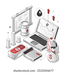 Oil prices - red and black isometric line illustration. Tracking, investments, budget idea. A composition with banknotes, dollar sign, coins, money bag, diagram, laptop, calculator, petrol