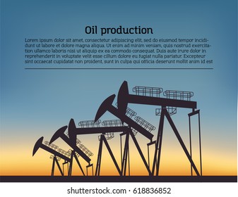 Oil producing Rig silouette. Black pictogram on color background. Vector illustration with text