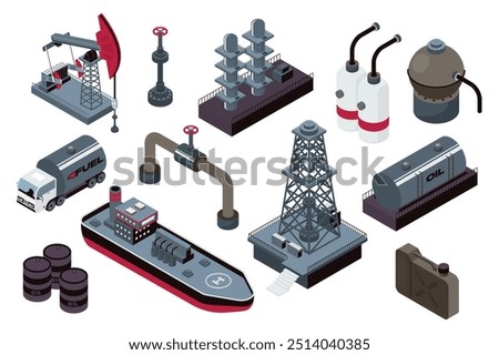 Oil production 3d isometric mega set in isometry graphic design. Collection elements of oil rig, pump, valve pipe, barrels, fuel truck, tanker ship, canister storage and other. Vector illustration.