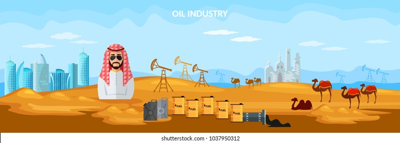 Oil production in Arab countries banner, arab men exploration and production of oil sheiks in desert 