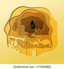 Oil Production banner Middle East paper cut shapes with oil pump, camels, mosque, oil tanker, buildings and drop of oil vector illustration