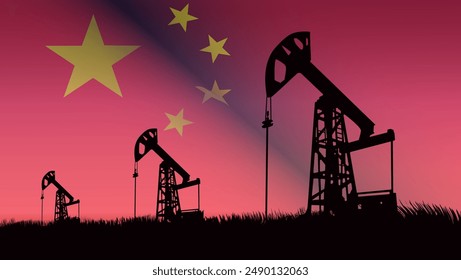 oil production in China, oil pump on the background of the China flag, flat color illustration