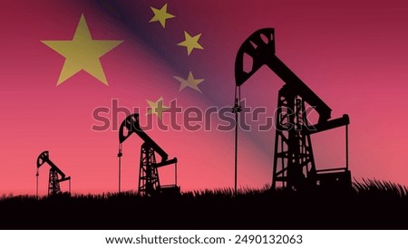 oil production in China, oil pump on the background of the China flag, flat color illustration