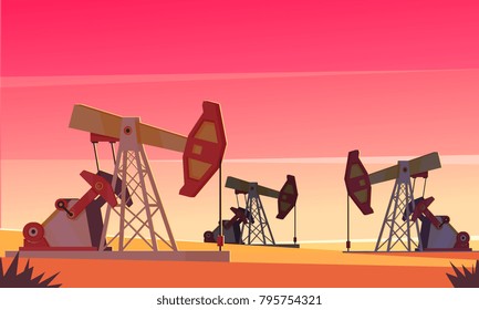 Oil production composition with evening dessert scenery and images of sucker-rod pumping units extracting oil vector illustration