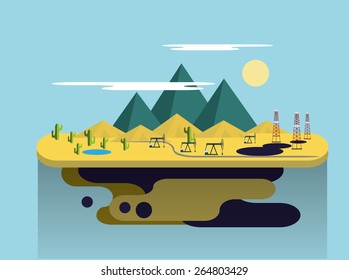 Producción de petróleo en el desierto. Ilustración de vectores planos
