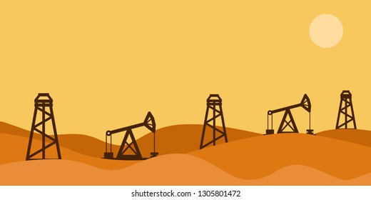 Oil Production In Desert. Vector Illustration.