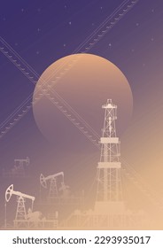 Producción de petróleo en el desierto. Ilustración vectorial de una plataforma petrolífera para la producción de petróleo sobre el fondo del sol. Esbozo para la creatividad.