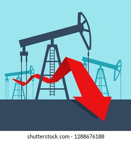 Oil production drop in - derrick towers  and arrow down - world energy carriers vector illustration