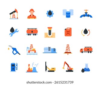 Oil production icon set. Colorful signs with oil, gas station, excavator, fuel barrel and gasoline storage tank. Design element for app. Flat vector illustration collection isolated on background