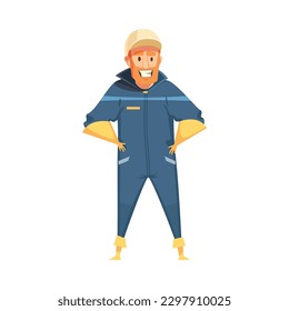 Oil production industry cartoon style composition with human character of worker in uniform isolated vector illustration