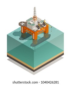 Composición isométrica de la industria de la producción petrolera con instalaciones de plataforma en alta mar para extracción de pozos y elaboración de ilustraciones vectoriales 