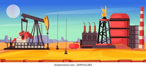 Industria petrolera. Extracción, producción y desarrollo de petróleo. Operación minera. Pozo de petróleo moderno. Tubería de tubería. Planta de refinado. Desierto en el fondo. Diseño realista. Ilustración vectorial