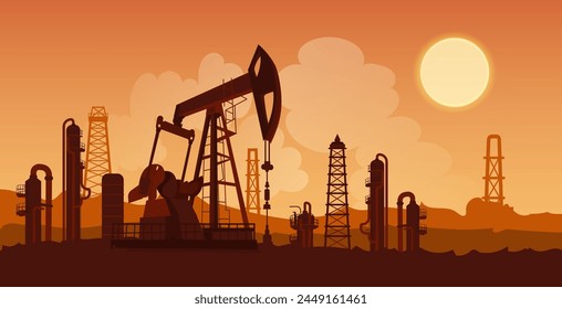 Industria petrolera. Extracción, producción y desarrollo de petróleo. Operación minera. Pozo de petróleo moderno. Tubería de tubería. Puesta de sol en el fondo. Diseño realista. Ilustración vectorial