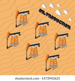 Oil production isometric composition with six rigs in desert 3d vector illustration