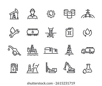 Oil production line icon set. Simple symbols with oil rig, drill, gasoline or fuel canister and tanker. Editable stroke. Outline vector illustration collection isolated on background