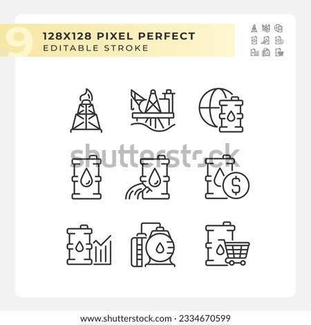Oil production linear icons set. Energy industry. Crude oil. Oilfield service. Petroleum company. Customizable thin line symbols. Isolated vector outline illustrations. Editable stroke