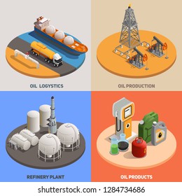 Oil production logistics refinery plant 4 isometric colorful background icons square  petroleum industry concept isolated vector illustration