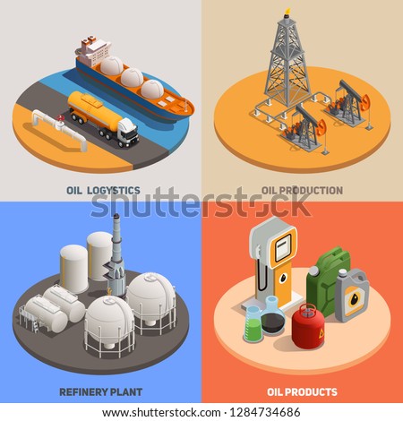 Oil production logistics refinery plant 4 isometric colorful background icons square  petroleum industry concept isolated vector illustration