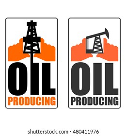 Oil production logo. petroleum industry sign. Logo for petrol processing. naphthal rig workers and human hands