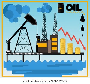 Oil. Oil production in the ocean. Modern flat style. infographics international economy oil Prica.Drop in crude oil prices. Oil has fallen in price on the world market.