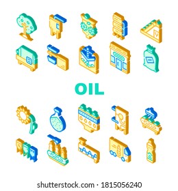 Oil Production Plant Collection Icons Set Vector. Olive Tree And Oil Bottle, Elevator And Crusher, Brazier And Sorting Line, Press And Refiner Isometric Sign Color Illustrations