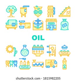 Oil Production Plant Collection Icons Set Vector. Olive Tree And Oil Bottle, Elevator And Crusher, Brazier And Sorting Line, Press And Refiner Concept Linear Pictograms. Color Contour Illustrations