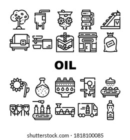 Oil Production Plant Collection Icons Set Vector. Olive Tree And Oil Bottle, Elevator And Crusher, Brazier And Sorting Line, Press And Refiner Black Contour Illustrations