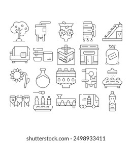Oil Production Plant Collection Icons Set Vector. Olive Tree And Oil Bottle, Elevator And Crusher, Brazier And Sorting Line, Press And Refiner Black Contour Illustrations